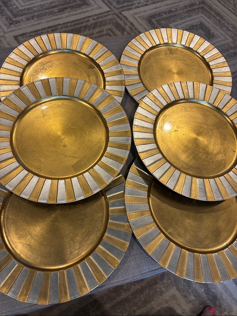 13” set of 6 Gold Silver 2 tone metal lacquered plate chargers holiday Christmas